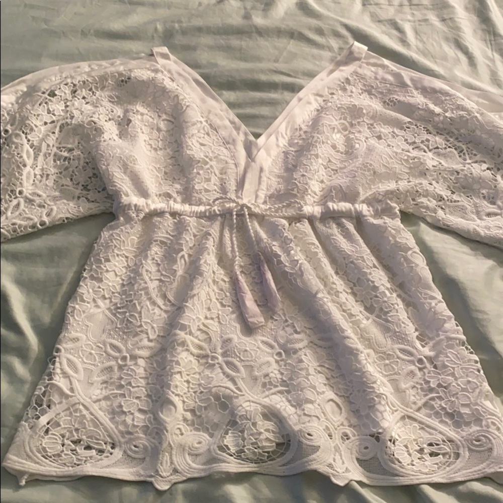 Boston Proper Deep V Crochet Cold Shoulder Top